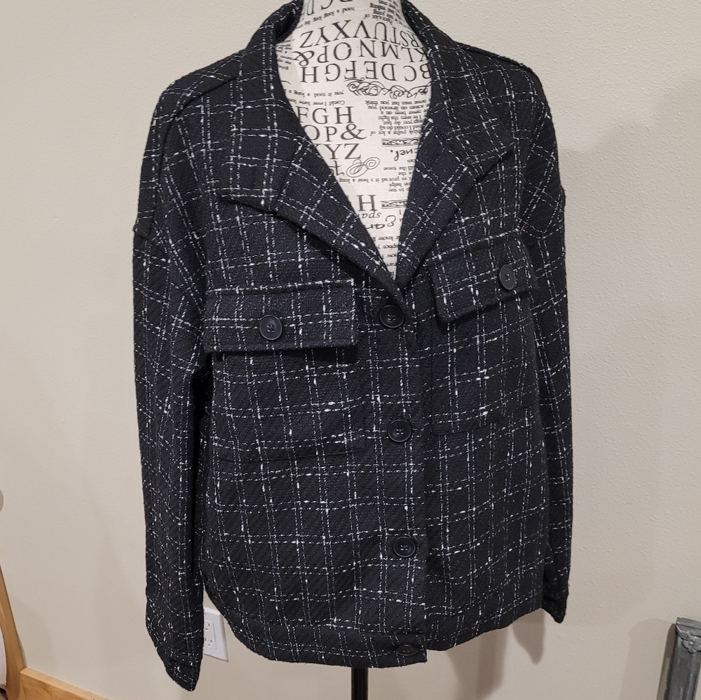 Sanctuary Wool blend Blazer Jacket‎ Women's SZ M black white plaid trendy cut